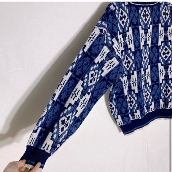 Vintage Botany 500 Blue White Jacquard Crew Neck 80s 90s Dad Sweater L - Picture 8 of 12
